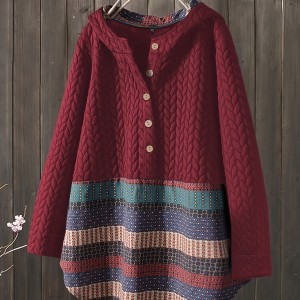 Tribal Print Long Sleeve Hooded Padded Jacket, Casual Button Front Loose Hem Outerwear, Women's Clothing