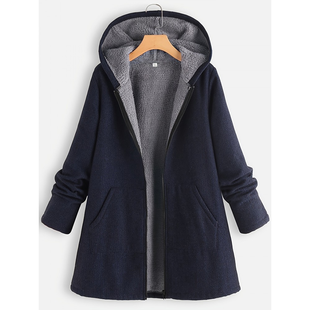 Zip Up Hooded Jacket, Casual Solid Long Sleeve Winter Warm Outerwear, Women's Clothing