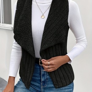 Waterfall Collar Open Front Vest, Versatile Fuzzy Sleeveless Outerwear For Fall & Winter, Women's Clothing
