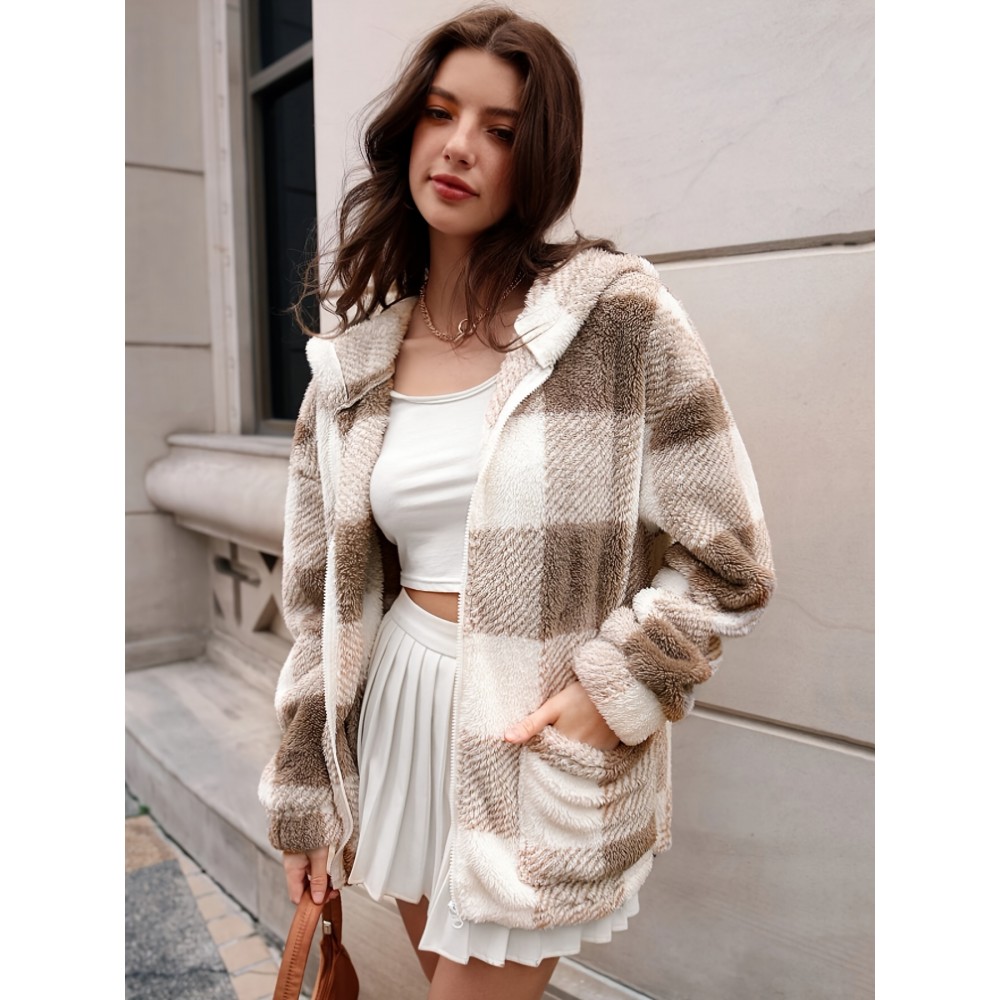 Plaid Hooded Teddy Coat, Elegant Zip Up Long Sleeve Winter Warm Outerwear, Women's Clothing