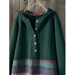 Tribal Print Long Sleeve Hooded Padded Jacket, Casual Button Front Loose Hem Fall & Winter Outerwear, Women's Clothing