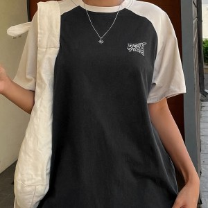 Letter Print Colorblock Crew Neck T-Shirt, Casual Raglan Sleeve Top For Spring & Summer, Women's Clothing