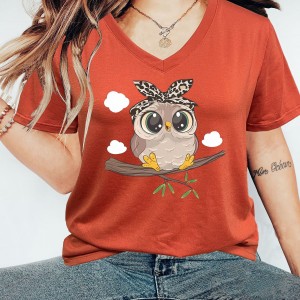 Cute Owl Print V Neck T-Shirt, Casual Short Sleeve T-Shirt For Spring & Summer, Women's Clothing
