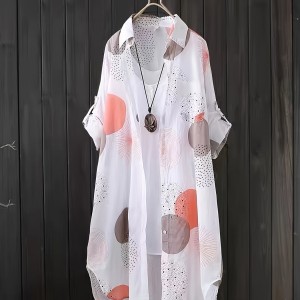 Allover Print Button Front Blouse, Casual Long Sleeve Thigh Length Blouse For Spring & Fall, Women's Clothing