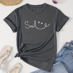 Letter Print Crew Neck T-Shirt, Casual Short Sleeve Top For Spring & Summer, Women's Clothing