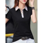 Contrast Trim Turn Down Collar T-Shirt, Casual Short Sleeve Knitting T-Shirt For Summer, Women's Clothing