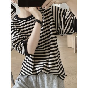 Crew Neck Striped T-Shirt, Random Print Casual Top For Summer & Spring, Women's Clothing