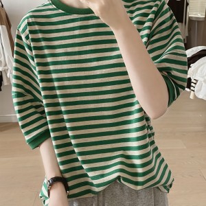 Crew Neck Striped T-Shirt, Random Print Casual Top For Summer & Spring, Women's Clothing