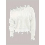 Solid Slant Shoulder Pullover Sweater, Distressed Ripped Raw Hem Long Sleeve Sweater, Women's Clothing