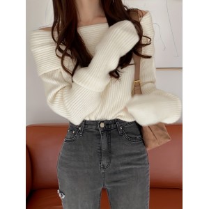 Solid Off Shoulder Pullover Sweater, Casual Long Sleeve Fashion Sweater, Women's Clothing
