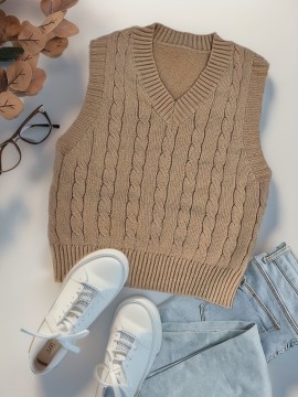 Twist Pattern V Neck Sweater Vest, Y2K Sleeveless Vest For Spring & Fall, Women's Clothing
