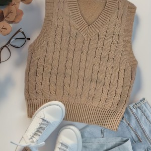 Twist Pattern V Neck Sweater Vest, Y2K Sleeveless Vest For Spring & Fall, Women's Clothing