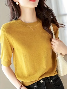 Half Sleeve Knit Swearter, Casual Crew Neck Solid Sweater For Spring & Summer, Women's Clothing