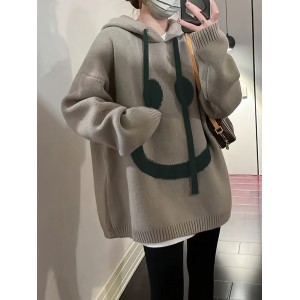 Smile Face Pattern Oversized Hoodies, Casual Drawstring Long Sleeve Sweater, Women's Clothing