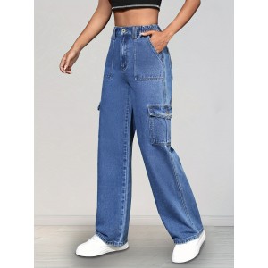 Elastic Waist Washed Straight Jeans, Loose Fit Flap Pockets Y2K Style Cargo Pants, Women's Denim Jeans & Clothing