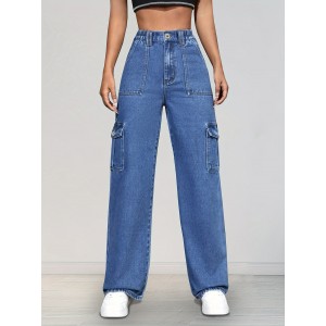 Elastic Waist Washed Straight Jeans, Loose Fit Flap Pockets Y2K Style Cargo Pants, Women's Denim Jeans & Clothing
