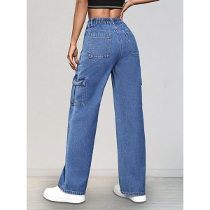 Elastic Waist Washed Straight Jeans, Loose Fit Flap Pockets Y2K Style Cargo Pants, Women's Denim Jeans & Clothing