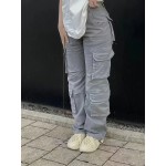 Plain Flap Pockets Cargo Pants, Loose Fit Y2K & Kpop Style Straight Jeans, Women's Denim Jeans & Clothing