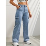 Side Flap Pocket High Waist Denim Cargo Pants, Light Washed Casual Slash Pocket Cargo Jeans, Kpop Y2K, Women's Denim Jeans & Clothing