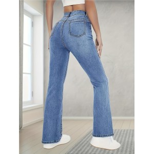 High Stretch Washed Straight Jeans, Slant Pockets High Waist Denim Pants, Women's Denim Jeans & Clothing