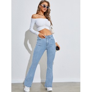 High Waist High Strech Light Blue Bootcut Jeans, Zipper Button Closure Flare Leg Causal Denim Pants, Women's Denim Jeans & Clothing