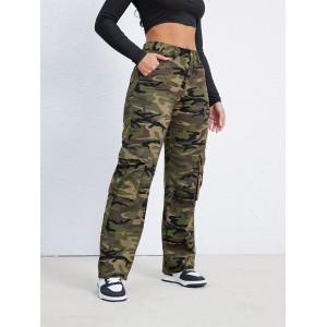 Camo Flap Pockets Cargo Pants, Loose Fit High Waist Straight Jeans, Women's Denim Jeans & Clothing