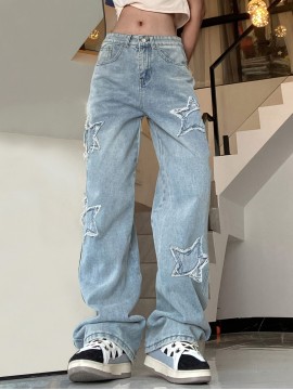 Blue Star Shape Patchwork Straight Jeans, Loose Fit Slant Pockets Non-Stretch Denim Pants, Women's Denim Jeans & Clothing